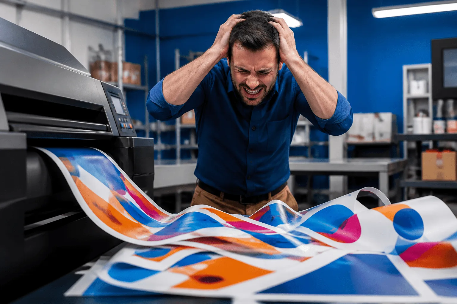 Small business owner reviewing poor quality printed materials