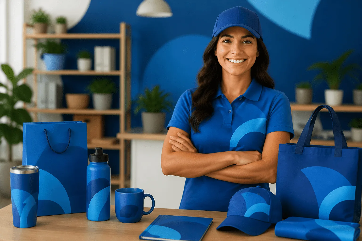 Happy small business owner holding branded merchandise from DoorHangr
