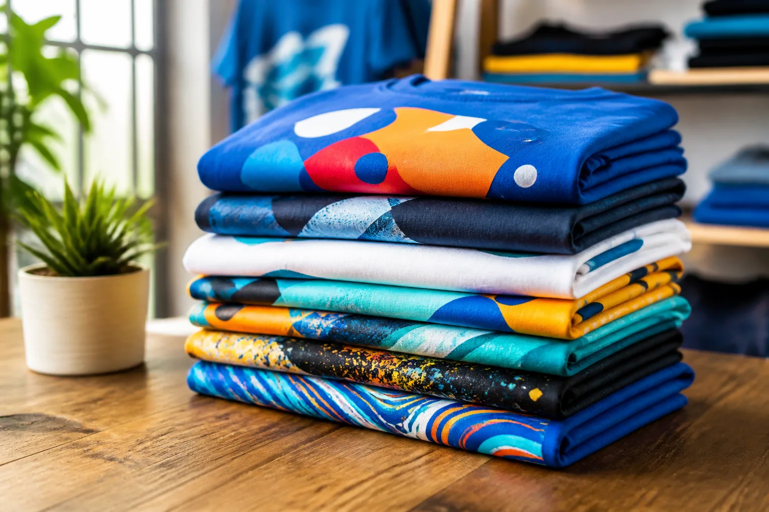 Stack of custom screen printed t-shirts for a small business client