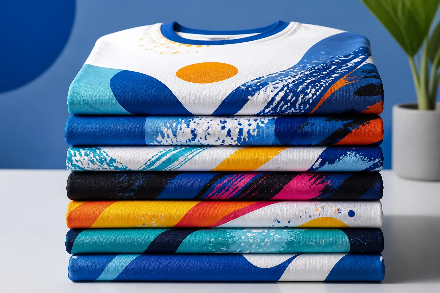 Stack of custom screen-printed t-shirts for a small business client