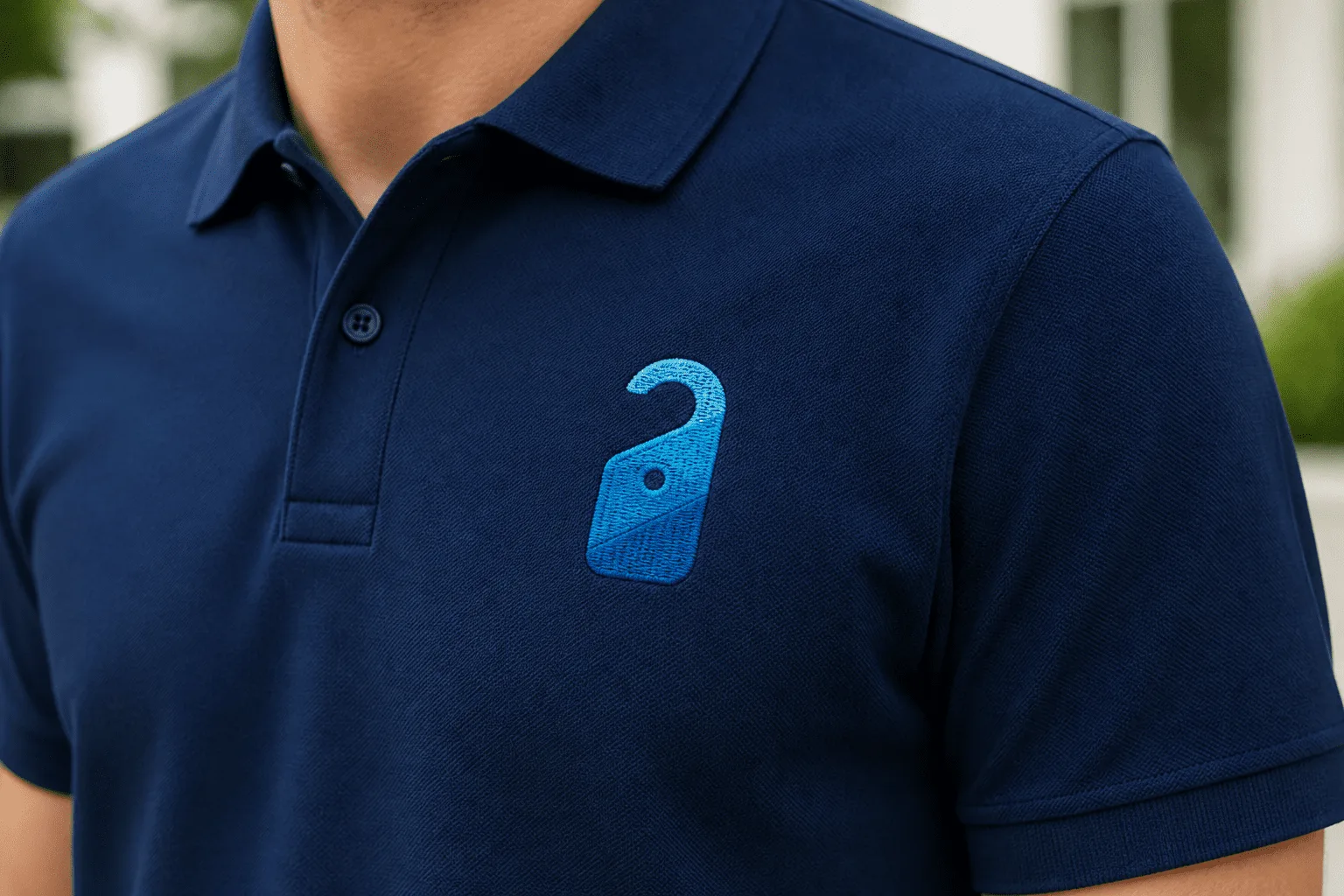 Embroidered company logo on polo shirt uniform
